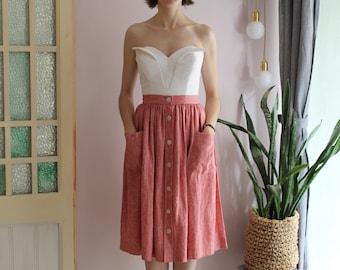 RTW red/white full linen skirt with pockets, 50s summer full skirt (sample), vintage-true 50s skirt, high waist button down skirt, Fil skirt