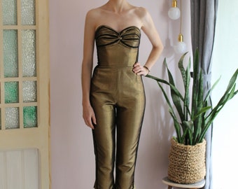 RTW gold / black lamé jumpsuit, strapless fitted jumpsuit (sample), vintage-true 50s jumpsuit, cocktail party dress, Toreador jumpsuit