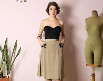 RTW beige rayon flared skirt with black embroidery, 40s high waisted flared skirt (sample), vintage-true 40s skirt, Monica skirt