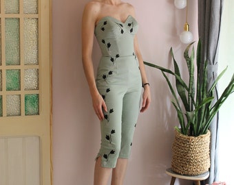 50s handpainted jumpsuit, strapless fitted cotton jumpsuit with built-in corselette, made to measure jumpsuit, Larissa handpainted jumpsuit