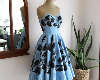 Mexican handpainted dress, strapless full skirt dress, 50s dress, vintage-true 50s dress,cocktail dress, Petra Mexican Handpainted dress