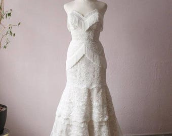 Made to measure fringe lace wedding gown, fit & flare strapless wedding dress with detachable skirt, 50s cowboy wedding gown, Maria dress