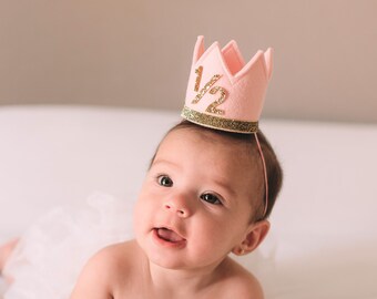 Half Birthday Girl Crown ||Half Birthday Party Hat || Blush and Gold Cake Smash Crown || First Birthday Girl Outfit Crown || Blush + Gold