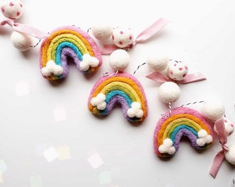 Rainbow Garland, Pastel Rainbow Bunting,  Garland, Spring Garland Banner,  Felted Wool Ball Rainbow Garland, Spring Decor