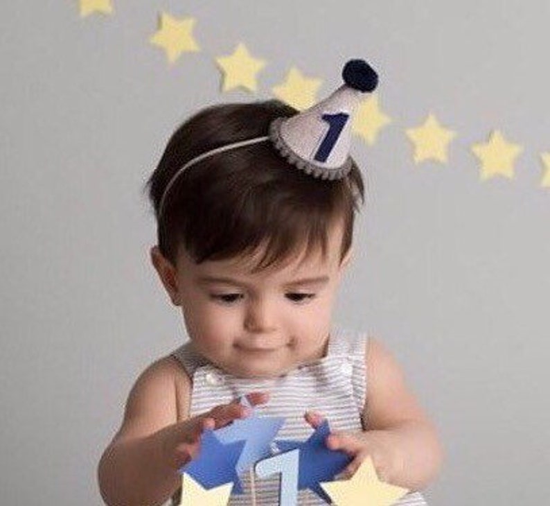 First Birthday Boy Grey Felt Navy Pom and Number First Birthday Party Hat Half Birthday Hat Boy Birthday Party Hat