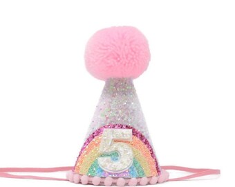 5th Birthday Girl Party Hat, Rainbow Party Hat, Fifth Birthday Party Hat, Pastel Rainbow, Pink Birthday Decor