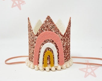 1st Birthday Girl Crown, Rose Gold Rainbow Birthday Crown, Boho Rainbow Party Decor, Rainbow Photo Prop, Add Any Number