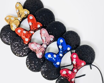 Mouse Ears With Red Polka Dot Bow || Adult Mouse Ears With Red Bow || Sequin Mouse Ears || Child Black Mouse Ears Headband