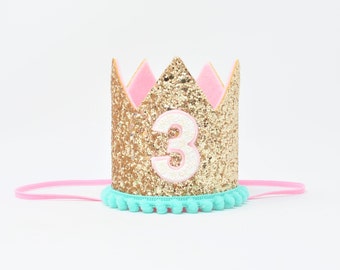 3rd Birthday Party Hat || 3rd Birthday Girl Crown || Third Birthday Party || Birthday Party Crown || Pink and Gold Crown, Add any number