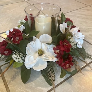 MAGNOLIA HURRICANE CENTERPIECE (Burgundy) -  Vintage Chic Elegant Farmhouse Bridal Wedding Shower Magnolia Floral Tabletop Arrangement