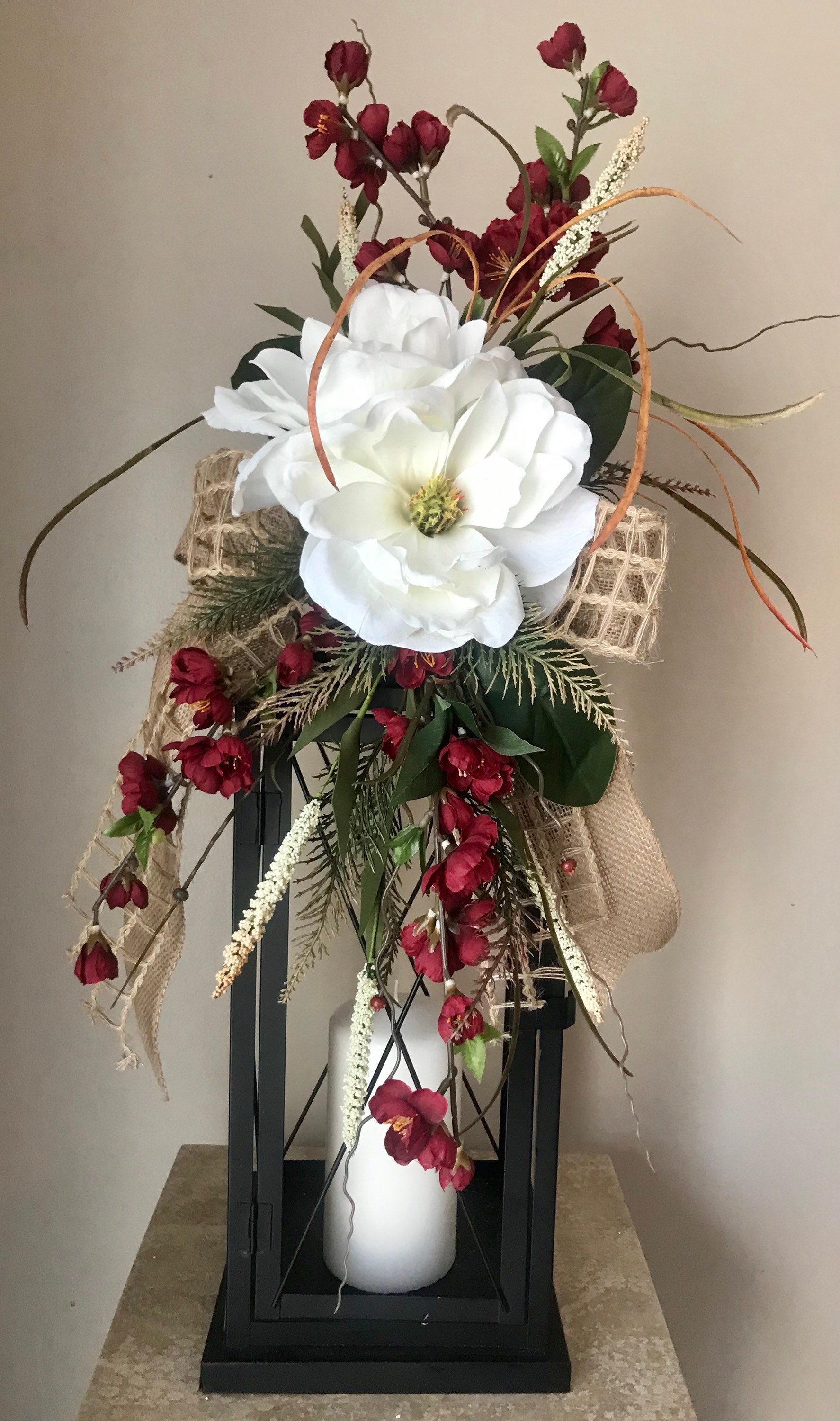 MAGNOLIA CHARM (Burgundy) - Decorative Farmhouse Lantern Swag Tabletop Arrangement