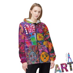 Wild Funky Windbreaker Women&#39;s Jacket My Colorful Original Artwork All Over Bold Contrasting Abstract Collage Statement Design