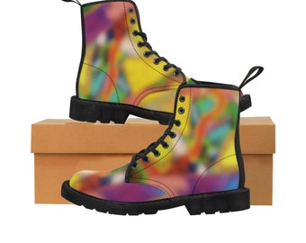 Colorful Blurry Combat Boots Womens Canvas Out-Of-Focus Design Rainbow Colors Fun Bright & Bold Shoes