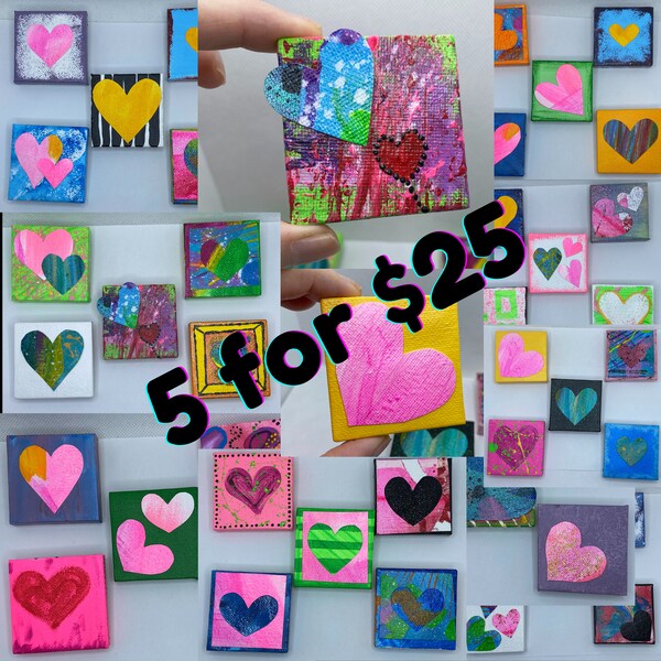 Handmade Heart Pins Painted On 2X2" Canvas One Of A Kind Party Favors All OOAK Miniature Art 5 For 25 Colorful & Unique