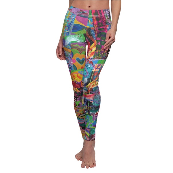 Colorful Leggings Womens Midrise Yoga Pants Abstract Collage Bright Painted Design My Original Artwork Head-Turning Funky Fun