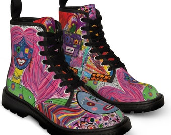 Wild Face Boots Womens Colorful Canvas Shoes Abstract Painted Portraits Bold Mismatched Statement Wearable Art From My Original Paintings