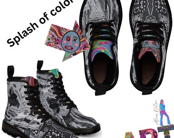 Black & White Boots Original Abstract Design With Bold Colorful Tongues Mismatched Shoes Runway Statement Splash Of Color