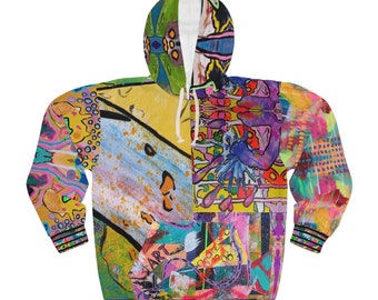 Colorful Abstract Split Design Unisex Pullover Hoodie Mixed Print Original Painted Artwork Funky Wild Bold Statement Unique Maximalist