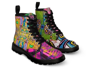 Women's Dramatic Abstract Boots Mismatched Colorful Canvas Boots Wild Eye-Catching Design From My Original Paintings Runway Statement