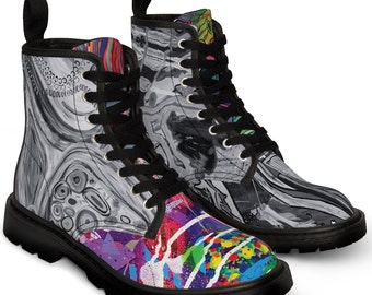 Black & White Boots With A Splash Of Color Created From My Original Abstract Paintings Fun Bold  High Contrast Mismatched Shoes