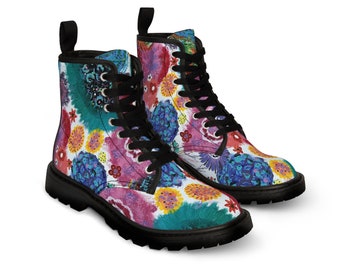 Flower Boots Womens Colorful Canvas Shoes Pink Teal Mauve Blue Statement Wearable Art From My Original Abstract Artwork