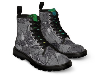 Men's Greyscale Boots With Pop Of Color Green Bold Eye-Catching Design From My Original Artwork Runway Mismatched Statement Shoes