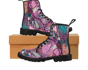 Abstract Boots Womens Canvas Shoes Pink Teal Purple Wearable Art From My Original Paintings Busy Maximalist Design