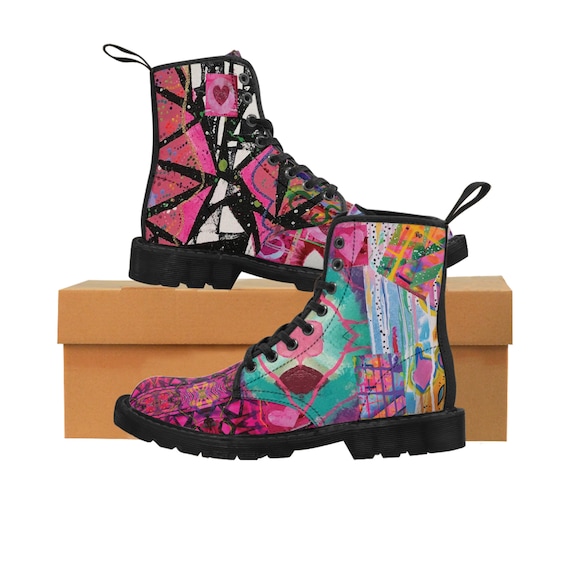 Abstract Combat Boots Women s Mismatched PINK Funky Wild Eye catching Design From My Original Paintings Bold Statement Shoes Etsy Ireland