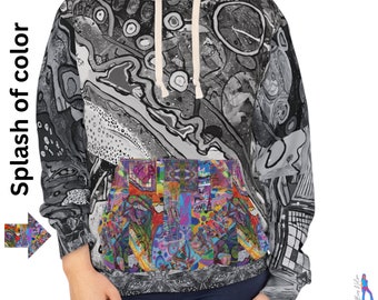 Black & White Hoodie With A Splash Of Color Big Pocket Funky Graphic My Original Abstract Artwork Women's Men's Unisex Pullover Wearable Art