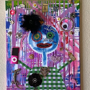 OOAK Mixed Media Abstract Expressionist Portrait Painting &quot;Flo&quot; Wild Tacky Eccentric Jeweled Artwork