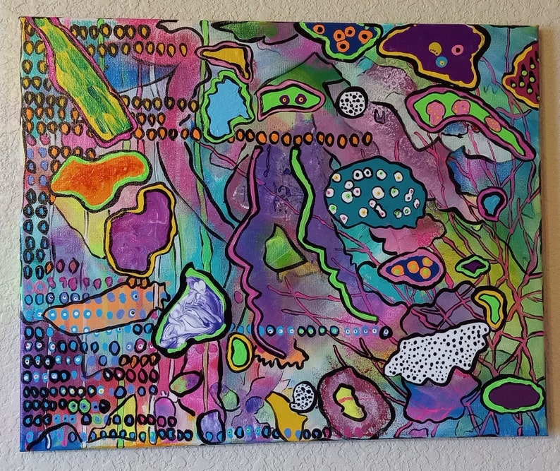 Unique Abstract Painting "The Waitress" OOAK Original 16X20" Acrylic On Canvas Colorful Funky Unusual Fun One Of A Kind Purple Green Pink bild 2