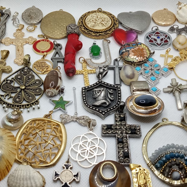 Pendant & Charm Lot Vintage To Modern Jewelry Destash 53 Pieces Shells Crosses Lockets Mixed Media All Wearable Reseller Lot "C68"