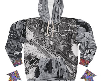 Black & White Hoodie Splash Of Color On The Cuffs Funky Graphic My Original Abstract Artwork Women's Men's Unisex Pullover Wearable Art