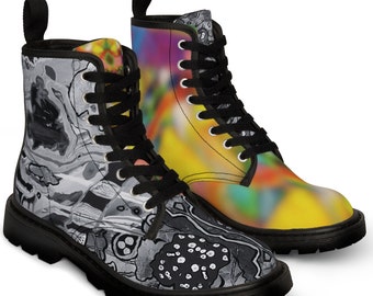 Mismatched Boots Womens Combat Canvas One Black & White One Colorful Blurry Splash Of Color Bold Contrasting Statement Shoes