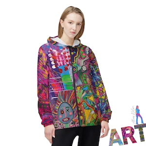 Super Funky Windbreaker Womens Jacket My Colorful Original Artwork All Over Bold Contrasting Abstract Collage Statement Design
