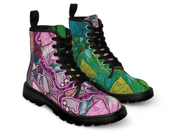 Mismatched Abstract Boots Womens Canvas Shoes Pink Green Wearable Art From My Original Paintings Busy Maximalist Design