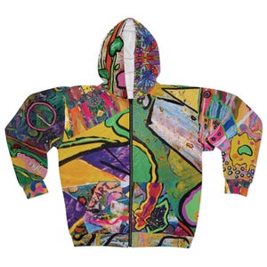 Colorful Abstract Collage Split Design Zipper Hoodie Unisex Women&#39;s Men&#39;s Funky Wild Bold Statement Original Artwork Maximalist Design