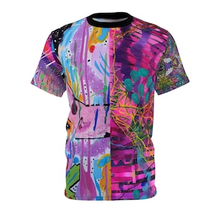 Bold Split Design T-Shirt Pink Purple Wild Colorful All Original Artwork From My Abstract Paintings Unisex Womens Mens Graphic Tee