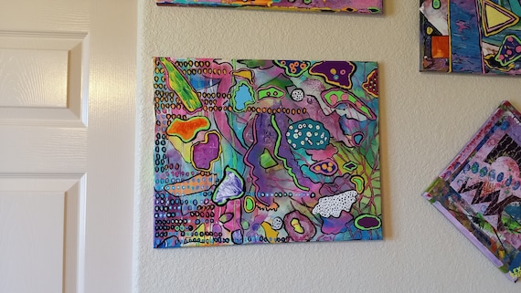 Unique Abstract Painting "The Waitress" OOAK Original 16X20" Acrylic On Canvas Colorful Funky Unusual Fun One Of A Kind Purple Green Pink