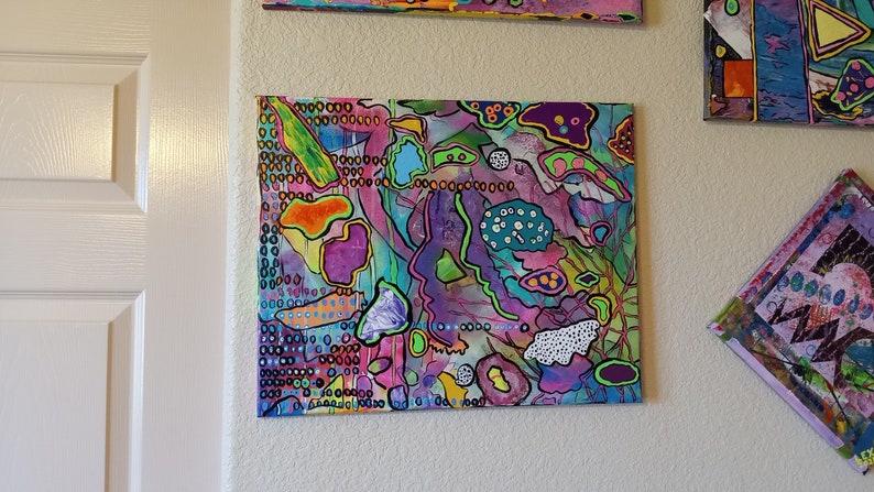 Unique Abstract Painting "The Waitress" OOAK Original 16X20" Acrylic On Canvas Colorful Funky Unusual Fun One Of A Kind Purple Green Pink bild 1