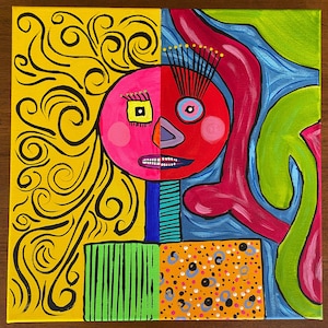 Colorful Expressionist Portrait Painting 12X12&quot; Acrylic On Canvas Original Abstract Figurative Lady 2-Face Split Design Outsider Art