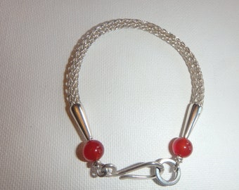 Viking Knit weave Bracelet Sterling Silver with Carnelian beads handmade