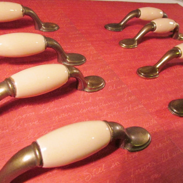 8  Vintage Metal Dresser Beige Porcelain Brass Handles Pulls Cabinet or Furniture Hardware