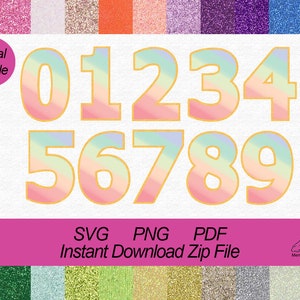 Digitale Download Pastel Rainbow en Gold Glitter Numbers, 0-9 Clipart set, Pastel Numbers, Birthday Party Numbers, Print and Cut Digital