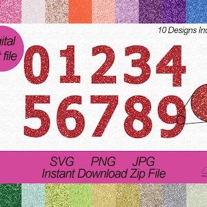 Digitale download rode glitternummers set, 0-9 clipartset, rode glitternummers, verjaardagsfeestjenummers, digitaal bestand afdrukken en knippen