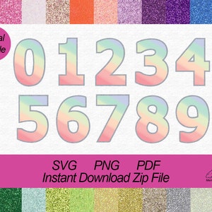 Digitale download Pastel Regenboog en Zilveren Glitter Nummers, 0-9 Clipart set, Pastel Nummers, Verjaardagsfeest nummers, Print en Cut Digital