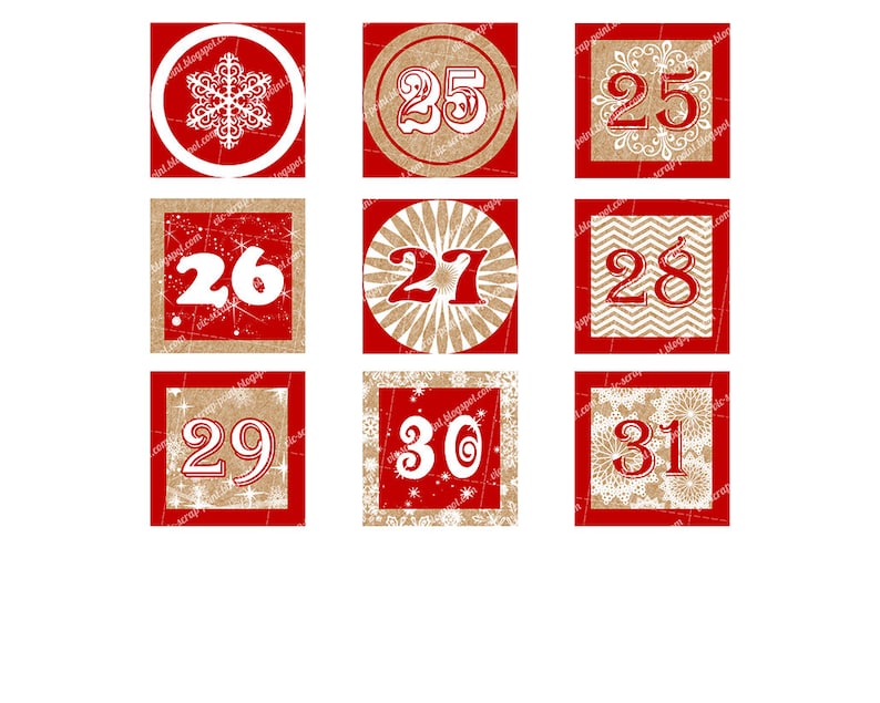 Printable DECEMBER DAILY NUMBERS Red 2 X 2 Inches. Digits, No Words, Advent Calendar. Instant ...