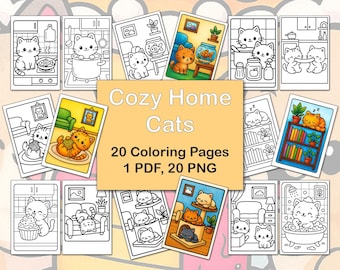 Printable Coloring Book. Cozy Home Cats. Coloring Pages. Colouring Book for Kids. PDF, PNG. Adorable Cats, Cozy Home. @CuteCartoonStudio