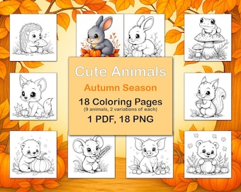 Printable Coloring Book with Cute Animals, Autumn Edition. Coloring Pages. Colouring Book for Kids. CuteCartoonStudio. PDF, PNG