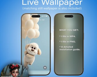 Live Wallpaper for Android Smartphones. Cute Dog with Balloons #1. Animated Wallpaper for a Smartphone. @CuteCartoonStudio